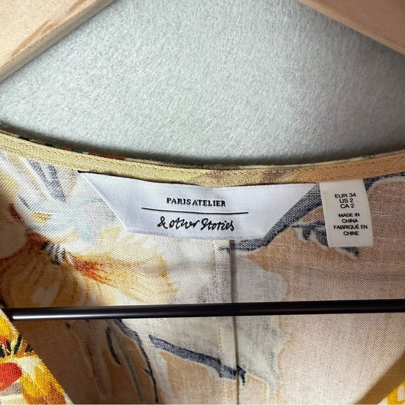 & Other Stories Tropical Flower Print Linen Blend Wrap Mini Dress US size 2 - Picture 4 of 12